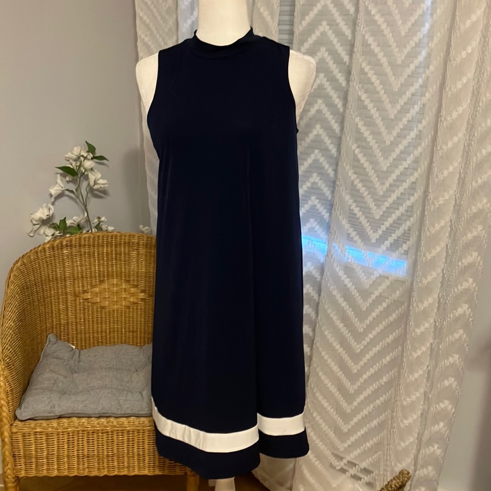 Navy & white A line high neck shift loose summer dress NWT work office weekend